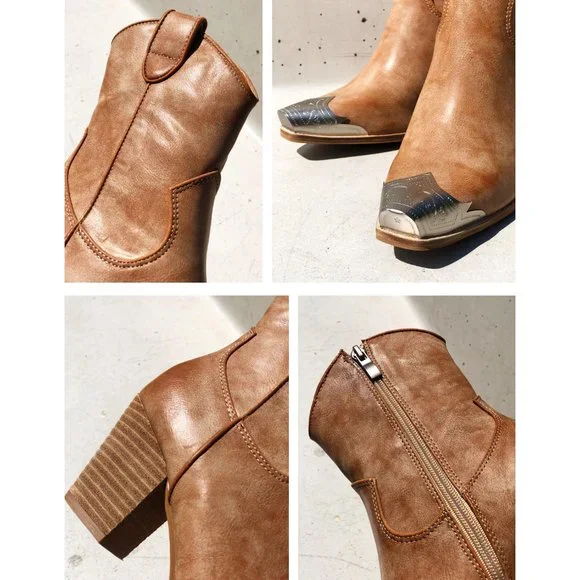 NEW Distressed Nude PU Leather Metal Toe Block Heel Cowgirl Western Ankle Boots - Picture 5 of 14